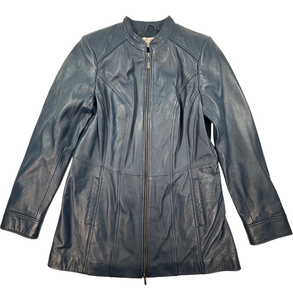 Denim & Co Blue Leather Jacket Small Zip Up Mandarin Collar Princess Seam Coat